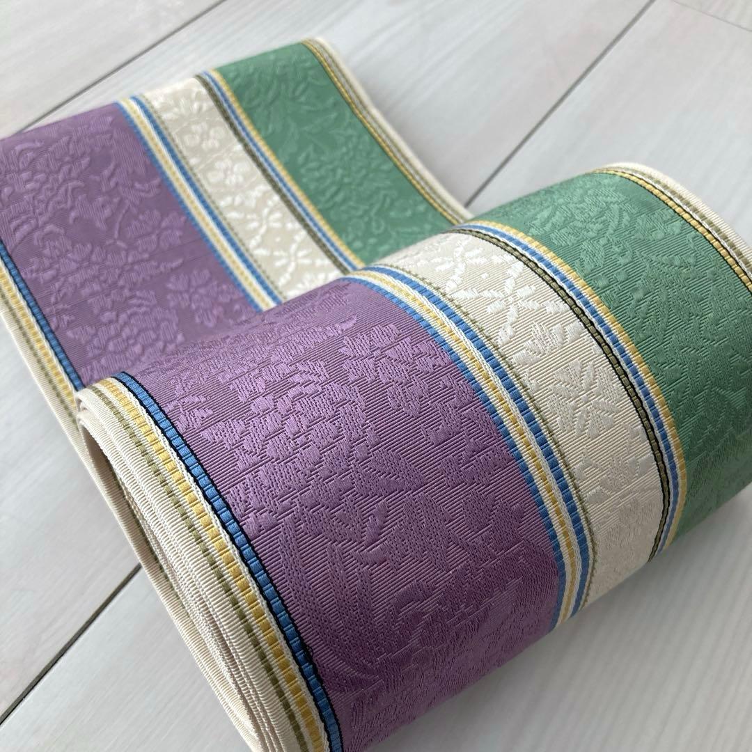 本場筑前博多織　半幅帯　織り出し　花唐草模様　縞模様　正絹　ポケット付No.45