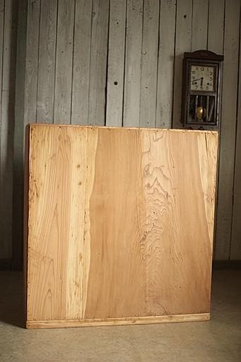 古い木枠のガラス戸棚　木製引き出し6杯