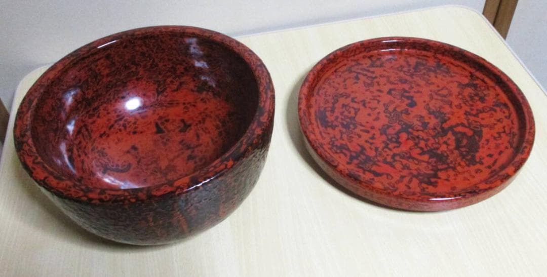 会津塗　乾漆鉢と乾漆皿　木製漆器　菓子鉢　台皿　茶道具　桐箱付