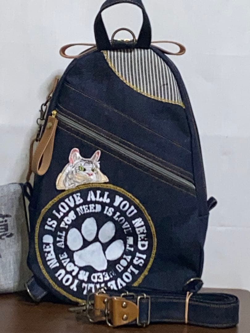 男女兼用☆岡山デニム☆子猫☆トラネコ☆リュック対応☆ワンショルダーバッグ
