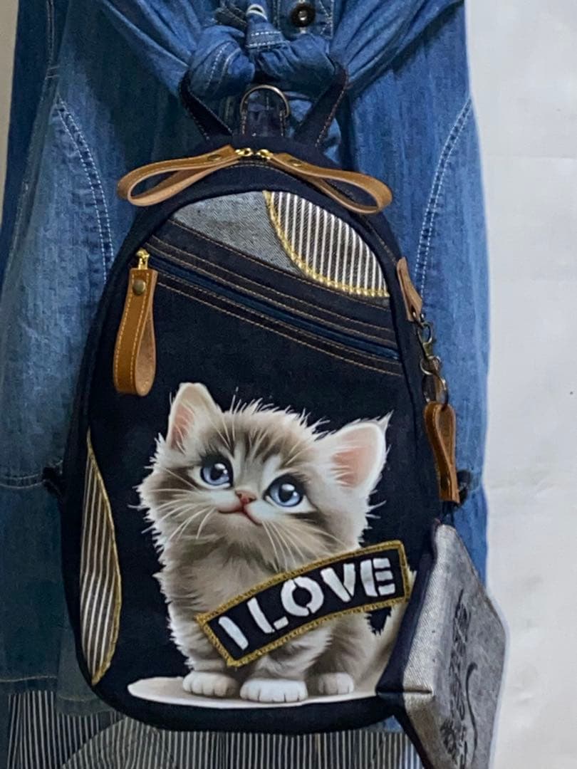 男女兼用☆岡山デニム☆子猫☆トラネコ☆リュック対応☆ワンショルダーバッグ