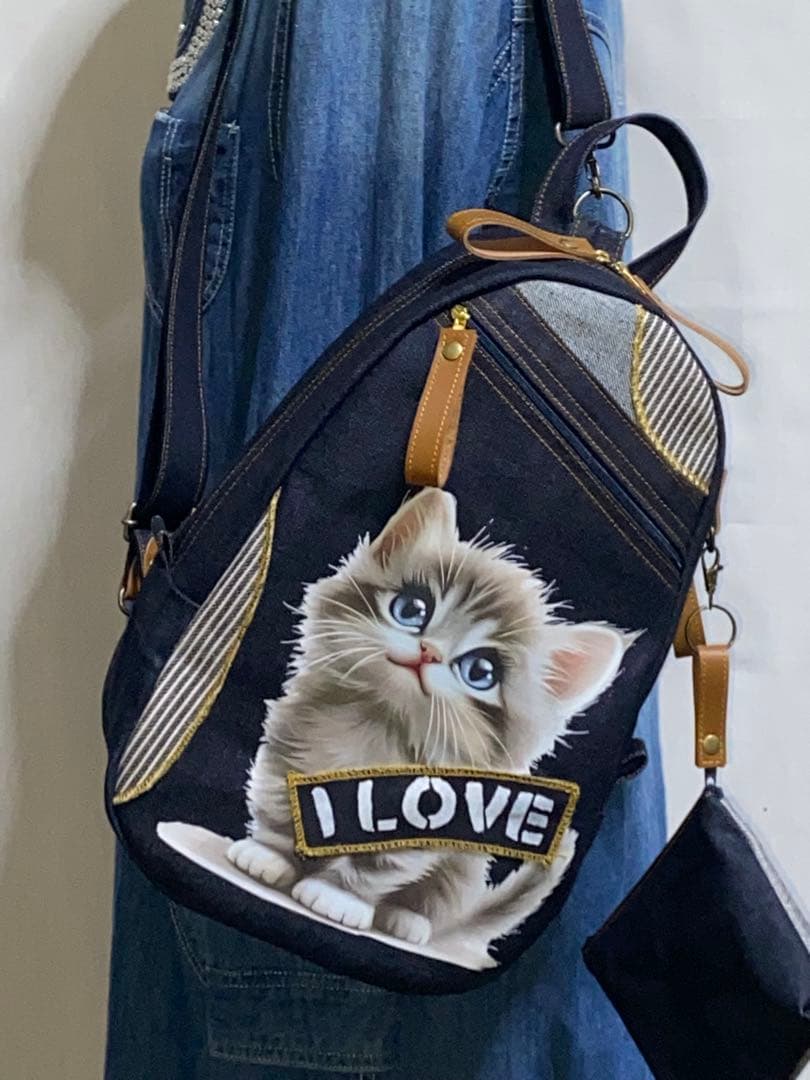 男女兼用☆岡山デニム☆子猫☆トラネコ☆リュック対応☆ワンショルダーバッグ