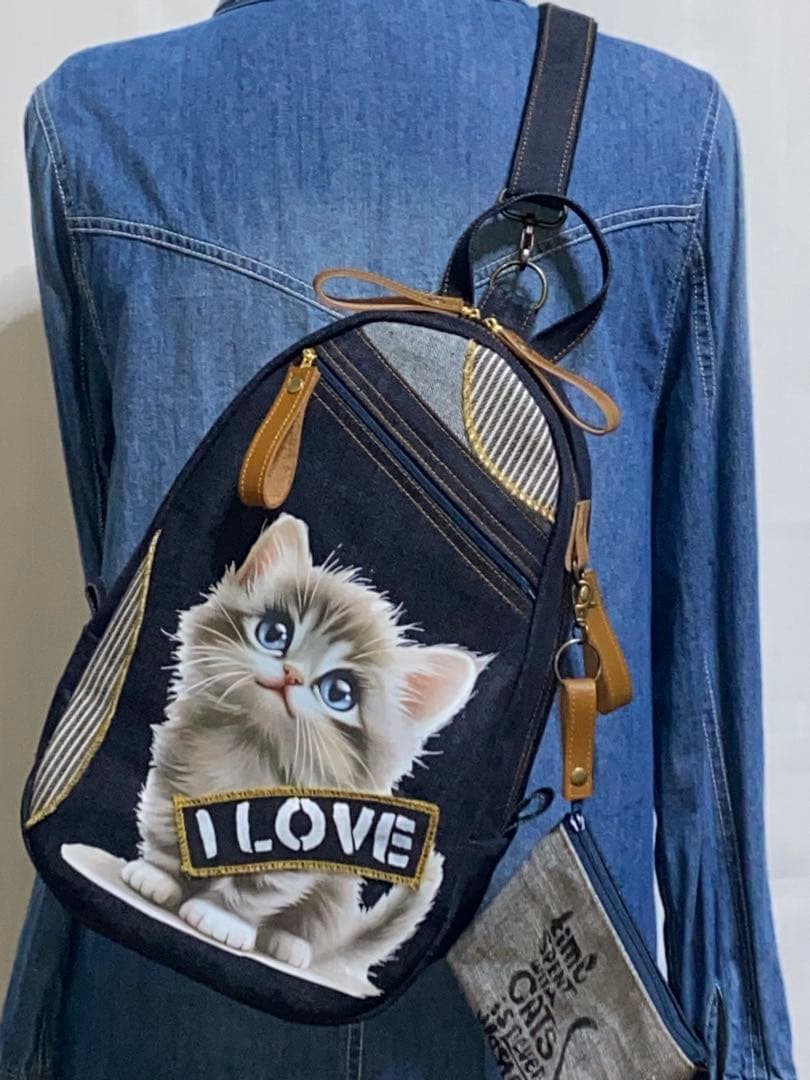 男女兼用☆岡山デニム☆子猫☆トラネコ☆リュック対応☆ワンショルダーバッグ