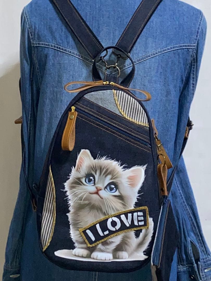 男女兼用☆岡山デニム☆子猫☆トラネコ☆リュック対応☆ワンショルダーバッグ