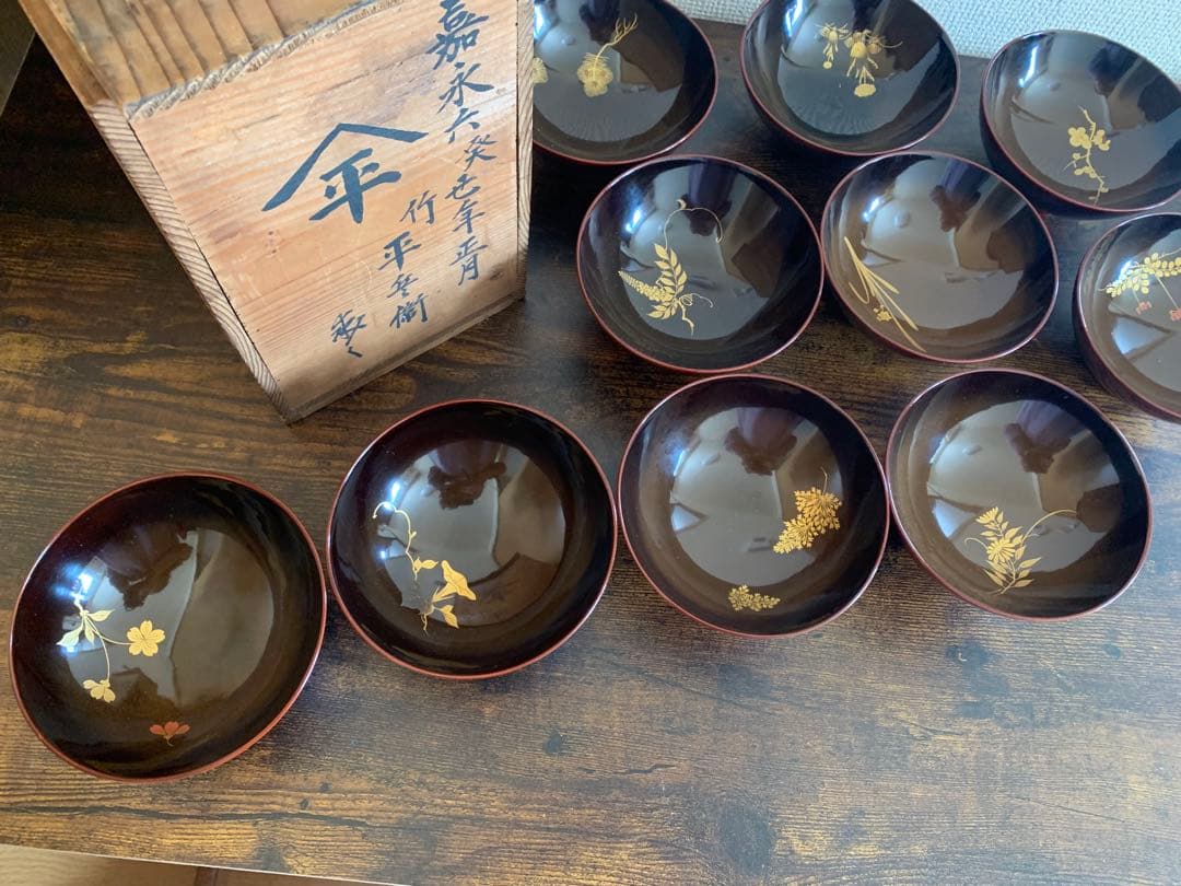 嘉永6年　見返し沈金蒔絵木製吸物椀10客　骨董品　絵がわり椀　汁椀　お椀　珍品