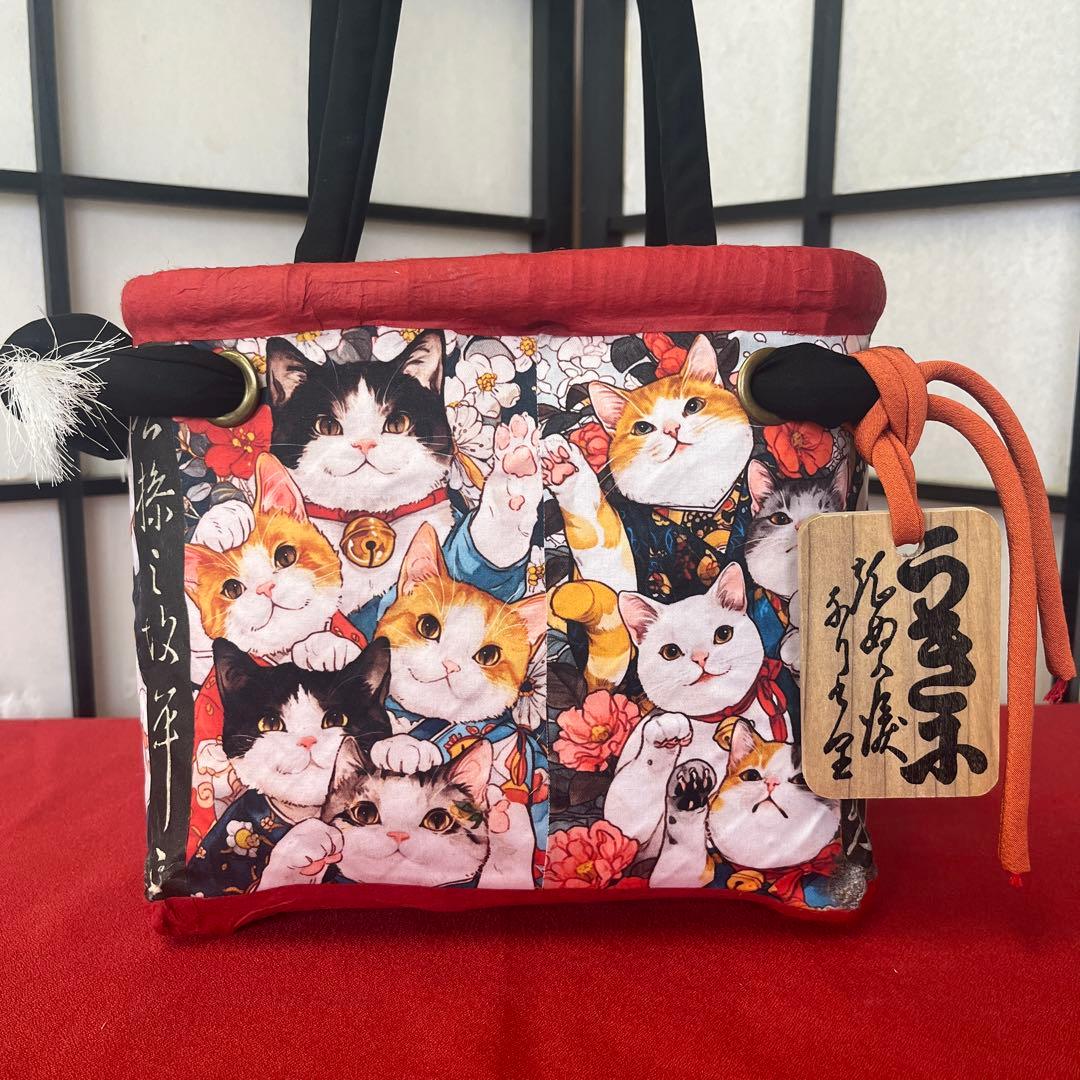 猫がいっぱい！ 一閑張り バッグ かごバッグ ハンドバッグ 和猫 茶トラ 小さめ