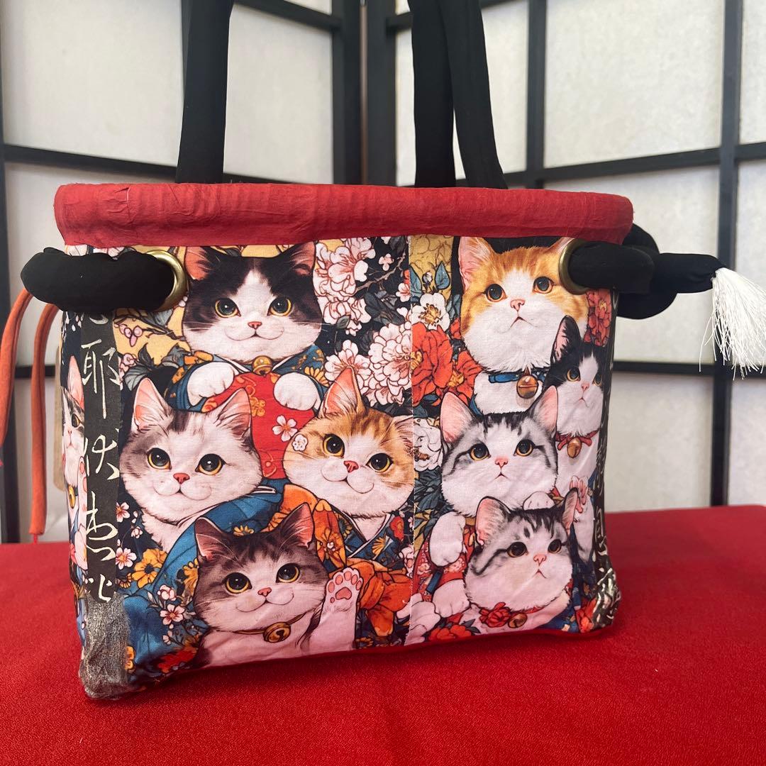 猫がいっぱい！ 一閑張り バッグ かごバッグ ハンドバッグ 和猫 茶トラ 小さめ