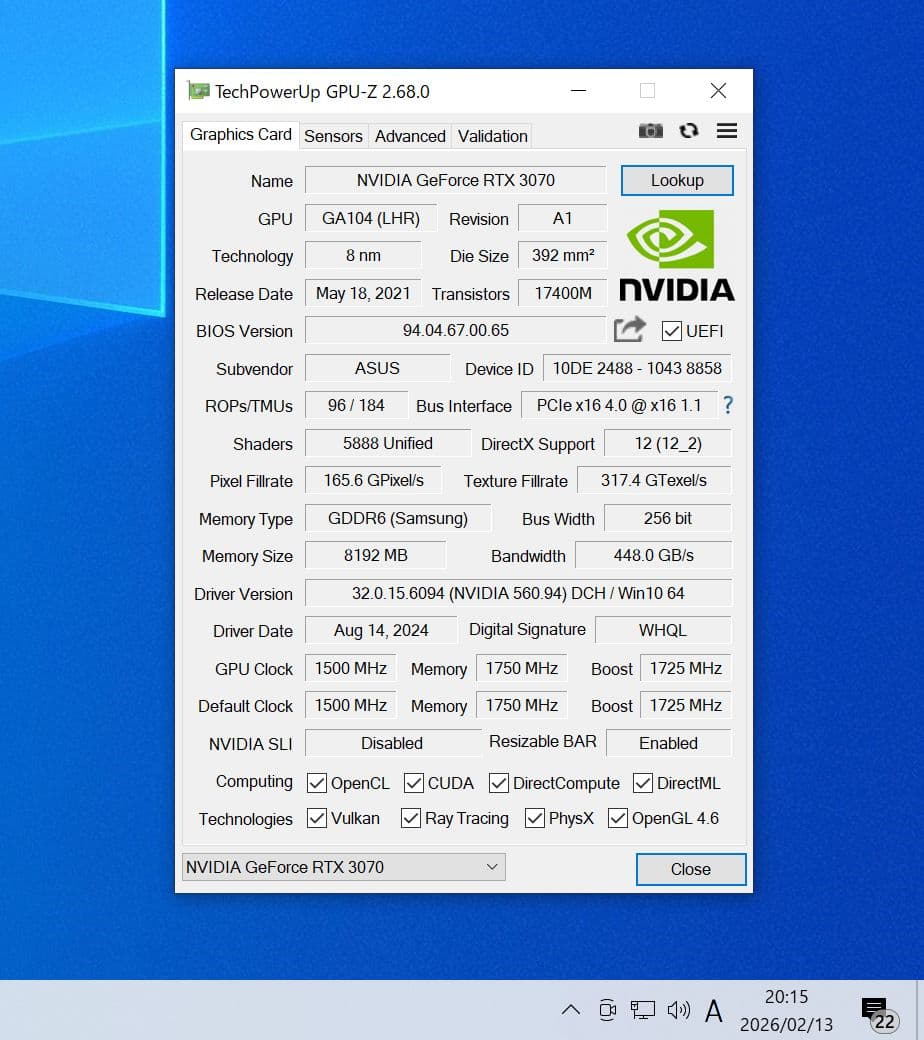 ASUS GEFORCE RTX3070 DUAL 8GB 動作確認済み