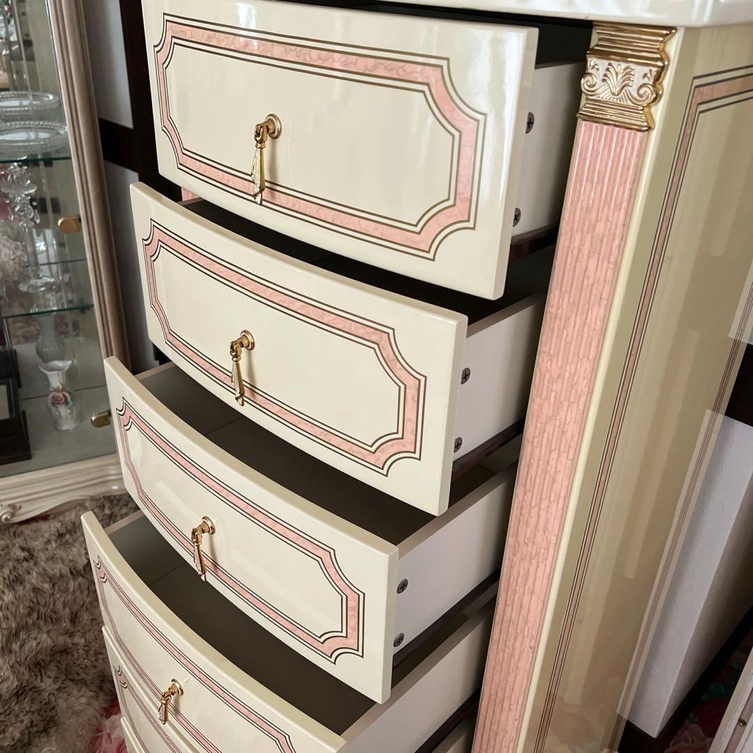 k412r120 イタリア製 ロココ調ハイチェスト スリム 6段 白家具 姫系