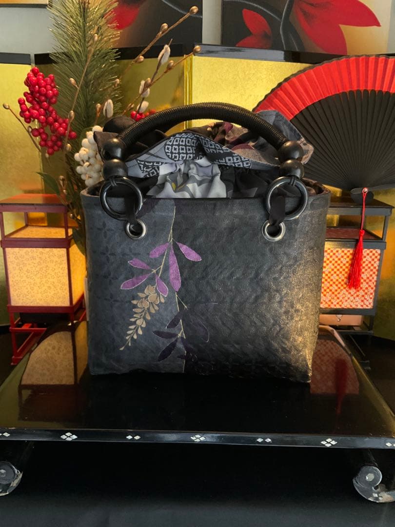 一閑張り　一閑張りバッグ　籠バッグ　和紙　花絵柄　着物　兎　京友禅　藤