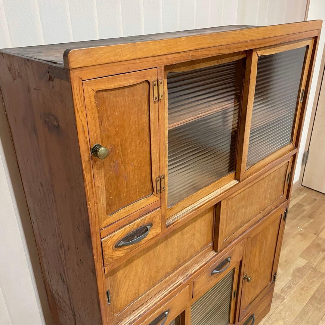 昭和 レトロ　戸棚　モールガラス　食器棚　本棚　アンティーク　当時物　水屋