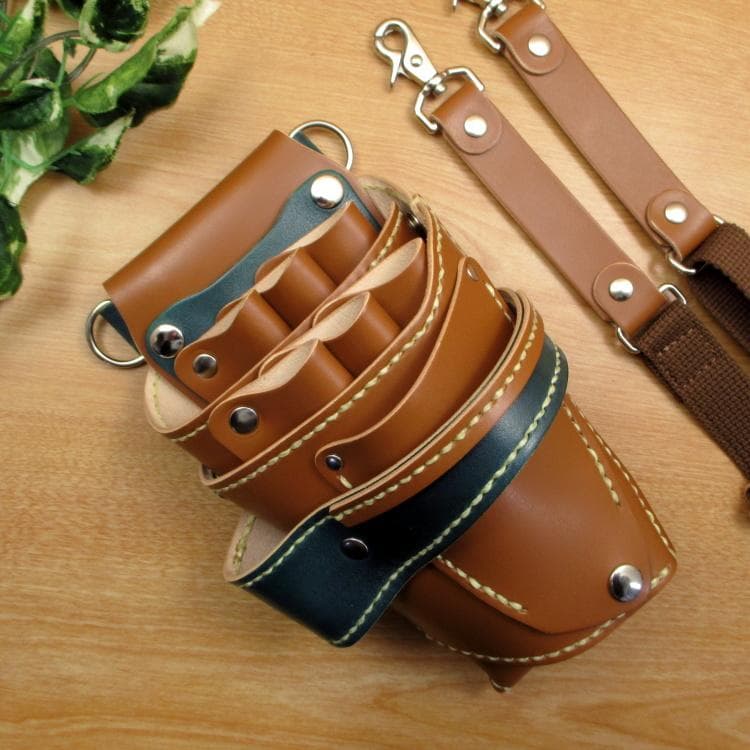 キャメル＆ディープグリーン　６丁差し　本革シザーケース　SCA-151/CCA