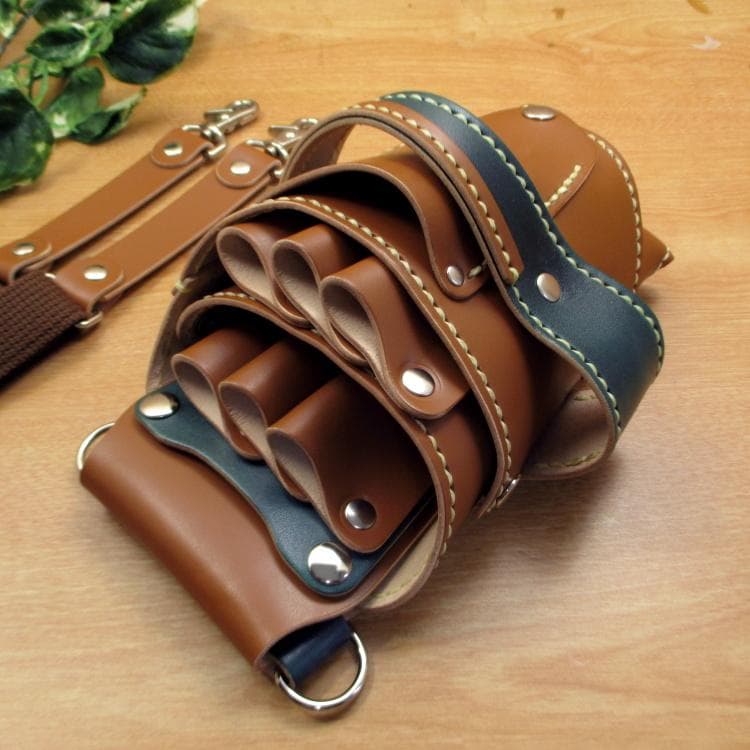 キャメル＆ディープグリーン　６丁差し　本革シザーケース　SCA-151/CCA