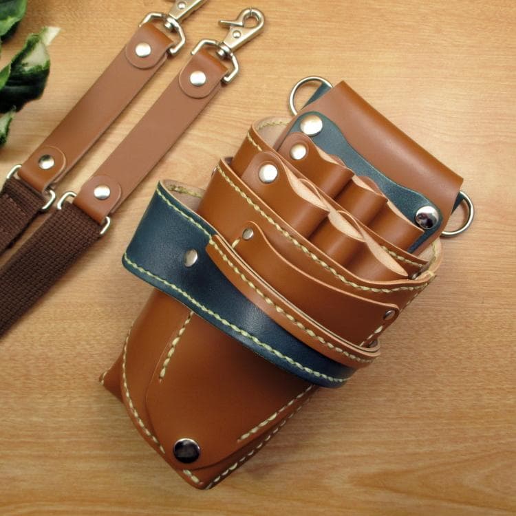 キャメル＆ディープグリーン　６丁差し　本革シザーケース　SCA-151/CCA