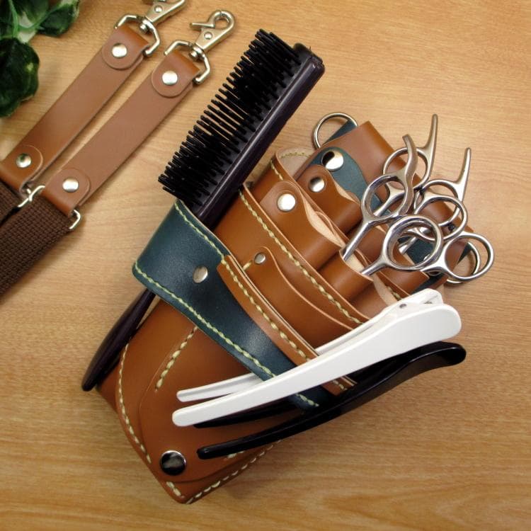 キャメル＆ディープグリーン　６丁差し　本革シザーケース　SCA-151/CCA