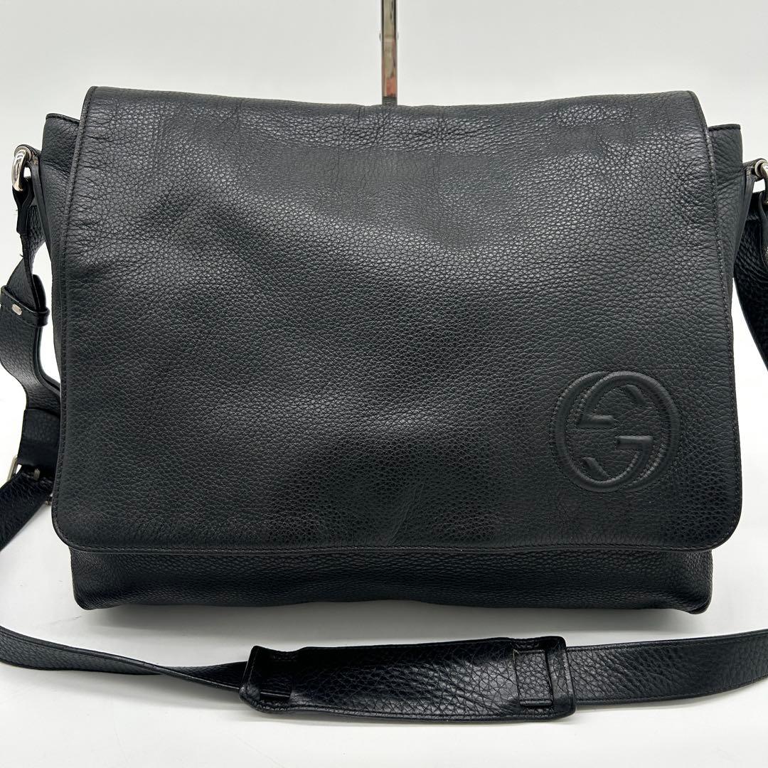 【美品】グッチ ソーホー メッセンジャーバッグ インターロッキング シボ革 黒