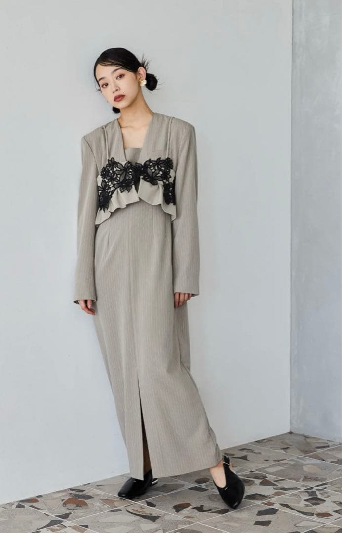 ANDRESED ピンストライプテーラードビスチェドレス（ベージュ　M）