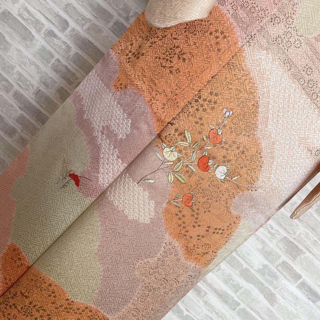 訪問着　フルセット　橘　手刺繍　鹿の子絞り　紗綾形地紋　入学式　卒業式　Q5