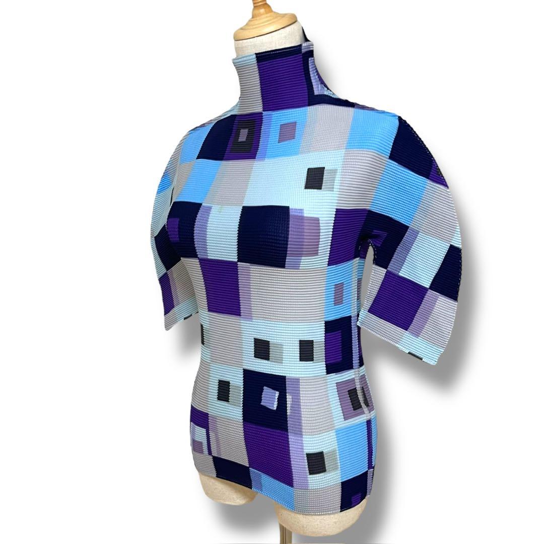 ISSEY MIYAKE ME 幾何学模様 ハイネック半袖 ワッフルプリーツ F