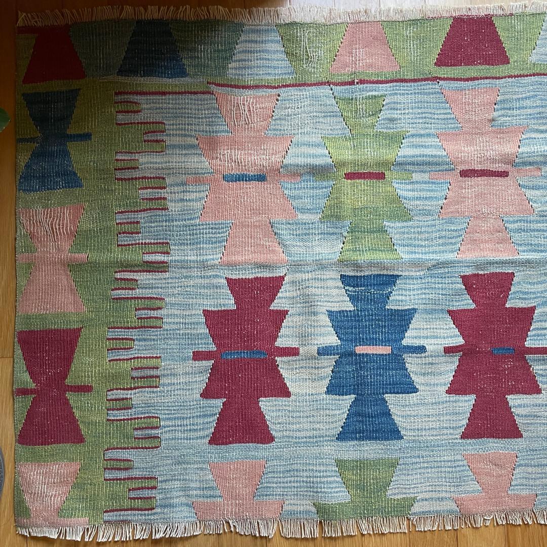 109×85㎝◇トルコヴィンテージキリムラグ◇ブルーベース　カラフル1188