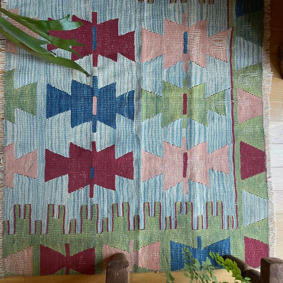 109×85㎝◇トルコヴィンテージキリムラグ◇ブルーベース　カラフル1188