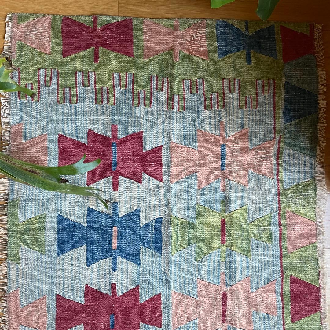 109×85㎝◇トルコヴィンテージキリムラグ◇ブルーベース　カラフル1188