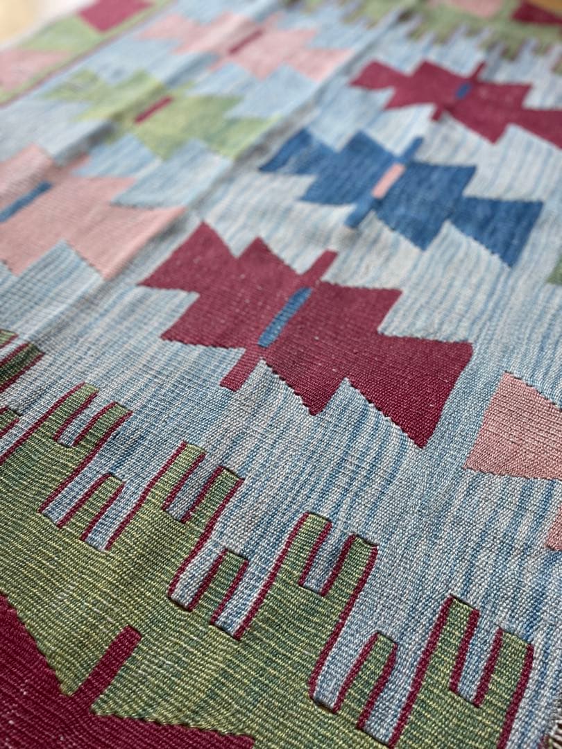 109×85㎝◇トルコヴィンテージキリムラグ◇ブルーベース　カラフル1188