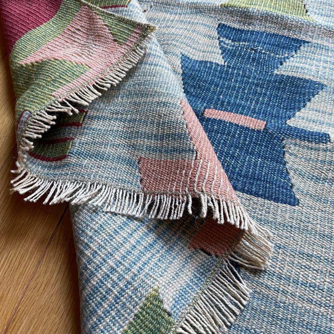 109×85㎝◇トルコヴィンテージキリムラグ◇ブルーベース　カラフル1188