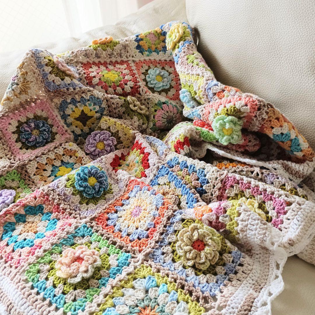 手編みブランケット★お花モチーフ★グラニースクエア★コットン★カラフル★かぎ針編