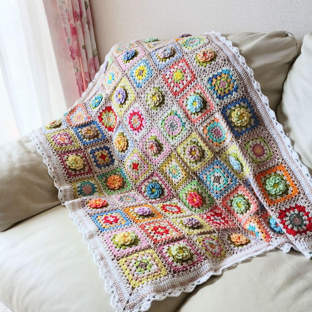 手編みブランケット★お花モチーフ★グラニースクエア★コットン★カラフル★かぎ針編