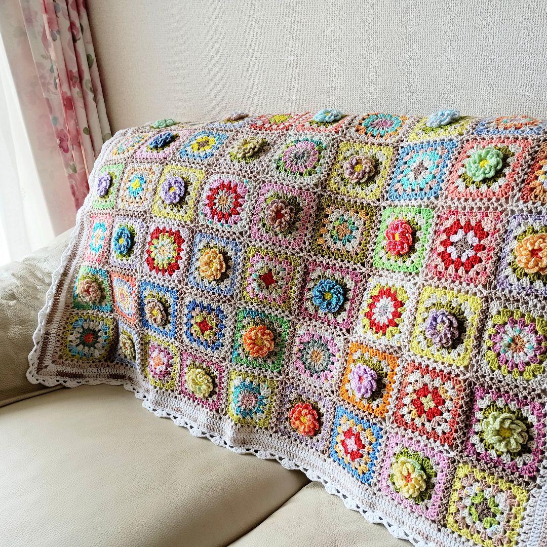 手編みブランケット★お花モチーフ★グラニースクエア★コットン★カラフル★かぎ針編