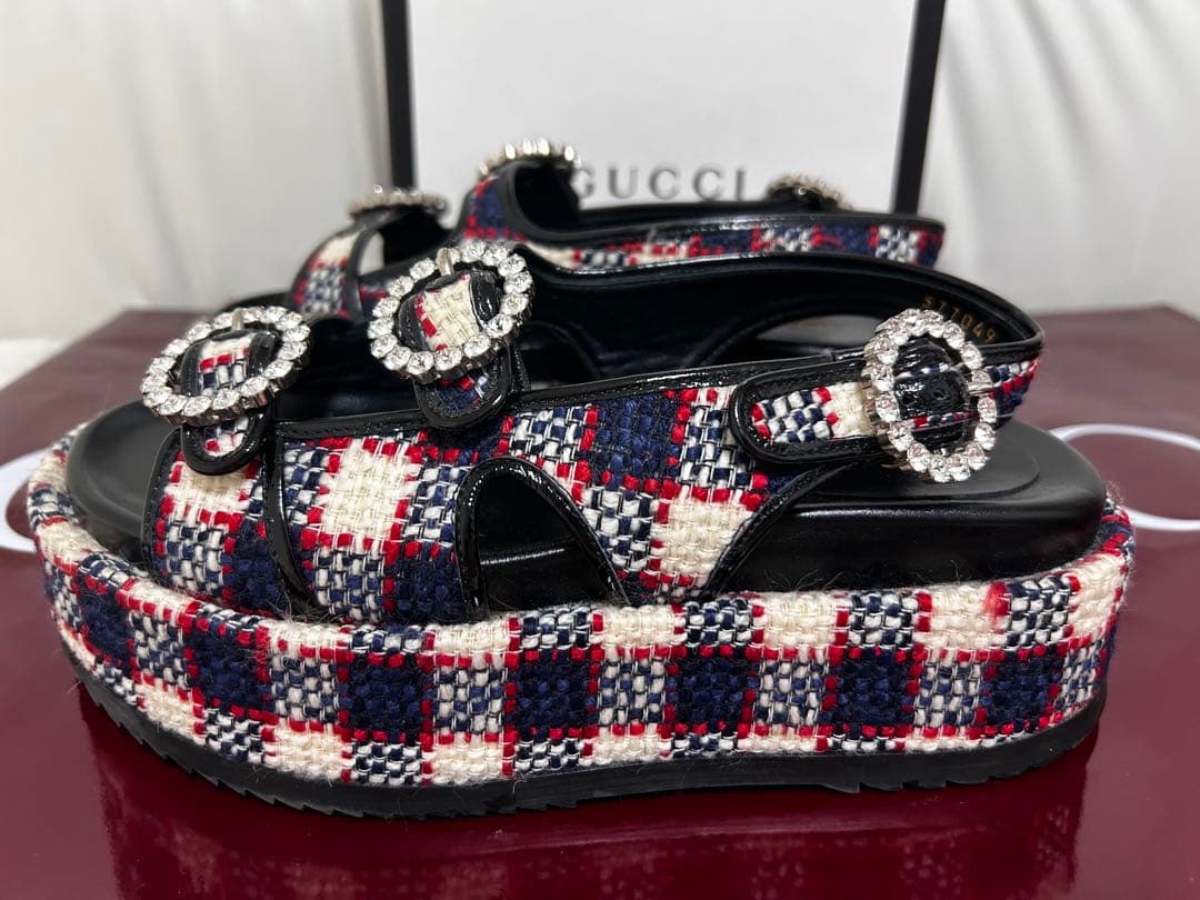 美品GUCCI ビジュー付きチェック柄サンダルサイズ36ハーフ