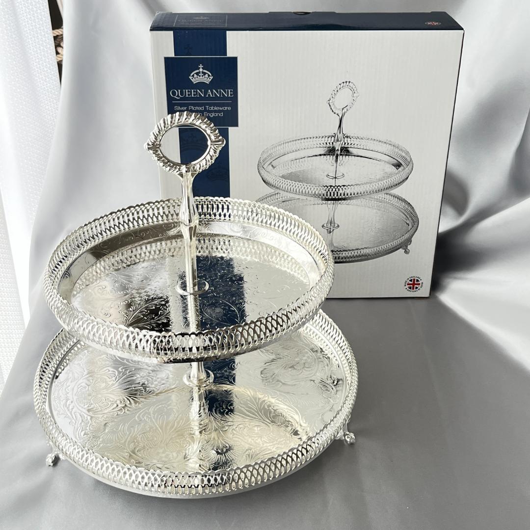 【QUEEN ANNE】 透かしのケーキスタンド 2段【シルバープレート】