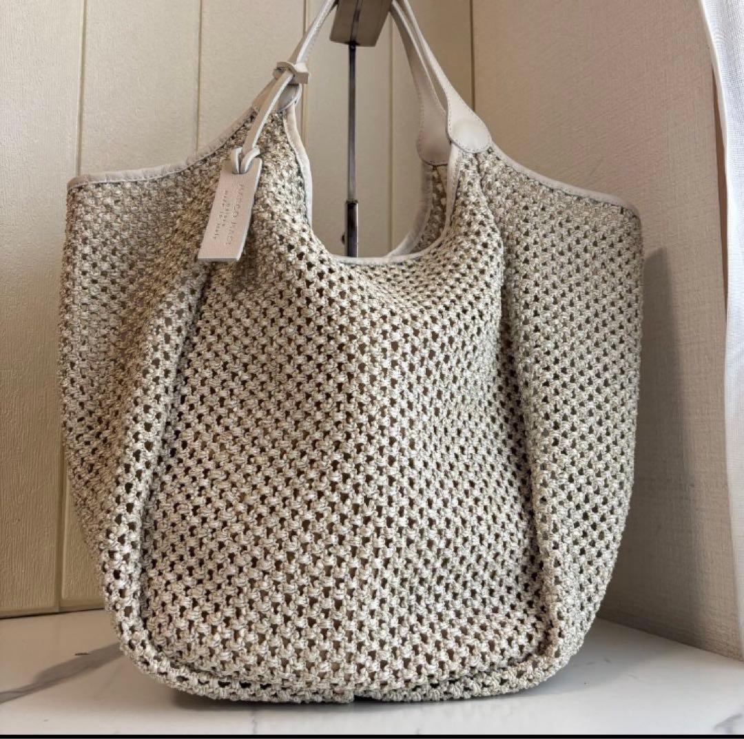 【美品】MARCO MASI　カゴトート　ラフィア×レザー　ホワイト　メッシュ
