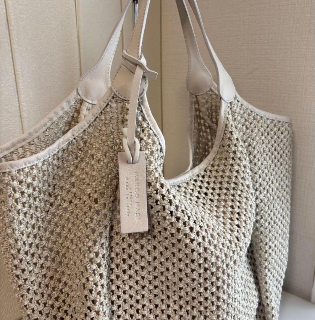 【美品】MARCO MASI　カゴトート　ラフィア×レザー　ホワイト　メッシュ