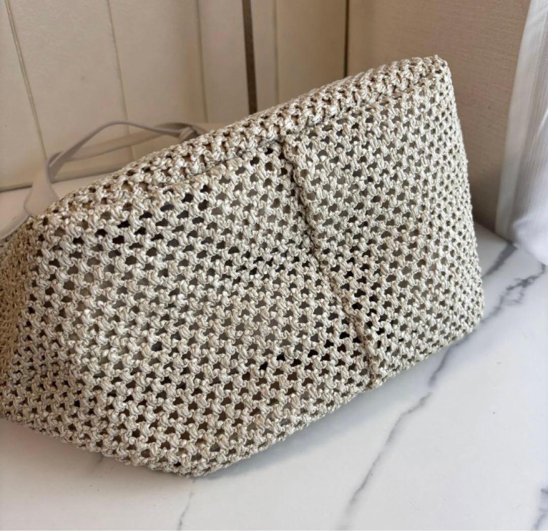 【美品】MARCO MASI　カゴトート　ラフィア×レザー　ホワイト　メッシュ