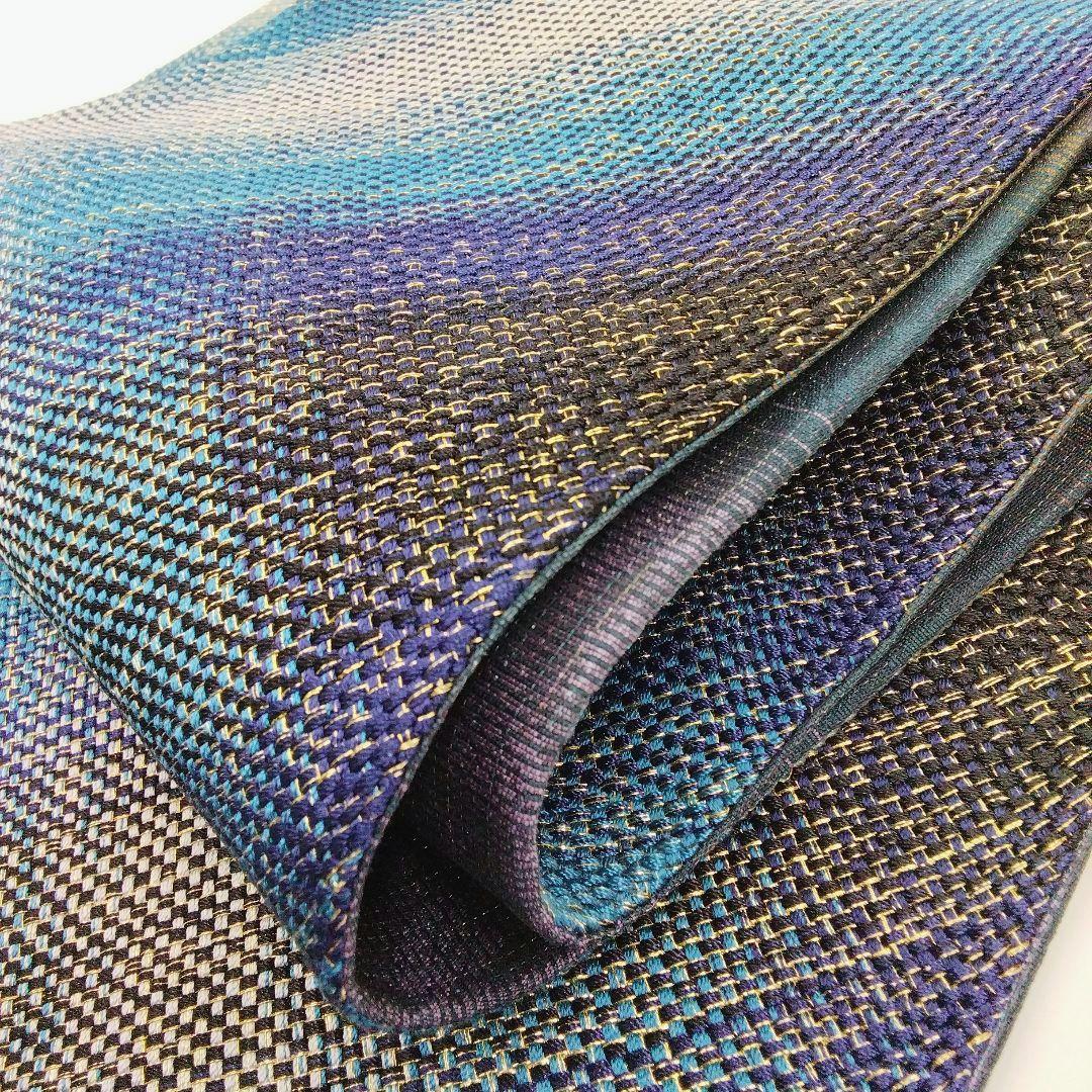 本手組細帯 風繭結 半幅帯　金糸 ブルー　組工房まえだ　 西陣　　 #4948