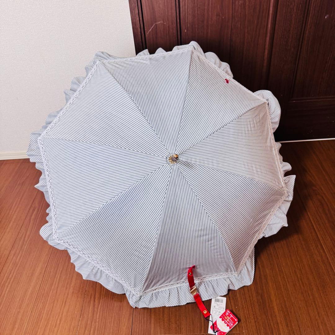 ポロラルフローレン ショートパラソル 晴雨兼用 ストライプフリル 新品 レッド