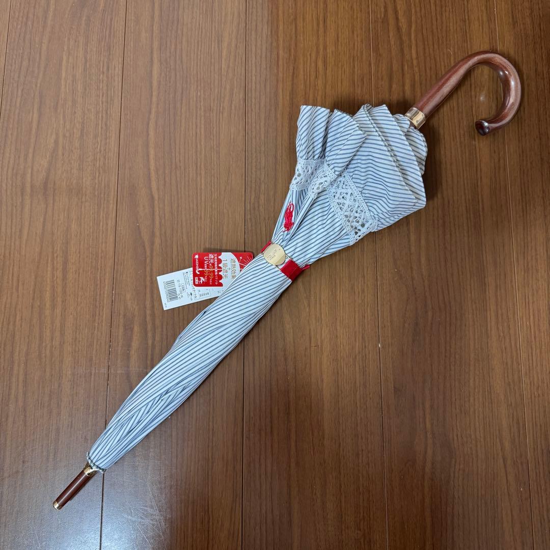 ポロラルフローレン ショートパラソル 晴雨兼用 ストライプフリル 新品 レッド