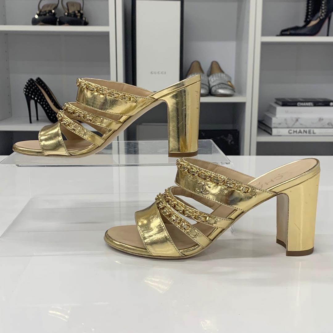 シャネル ココマーク レザー チェーン サンダル ゴールド