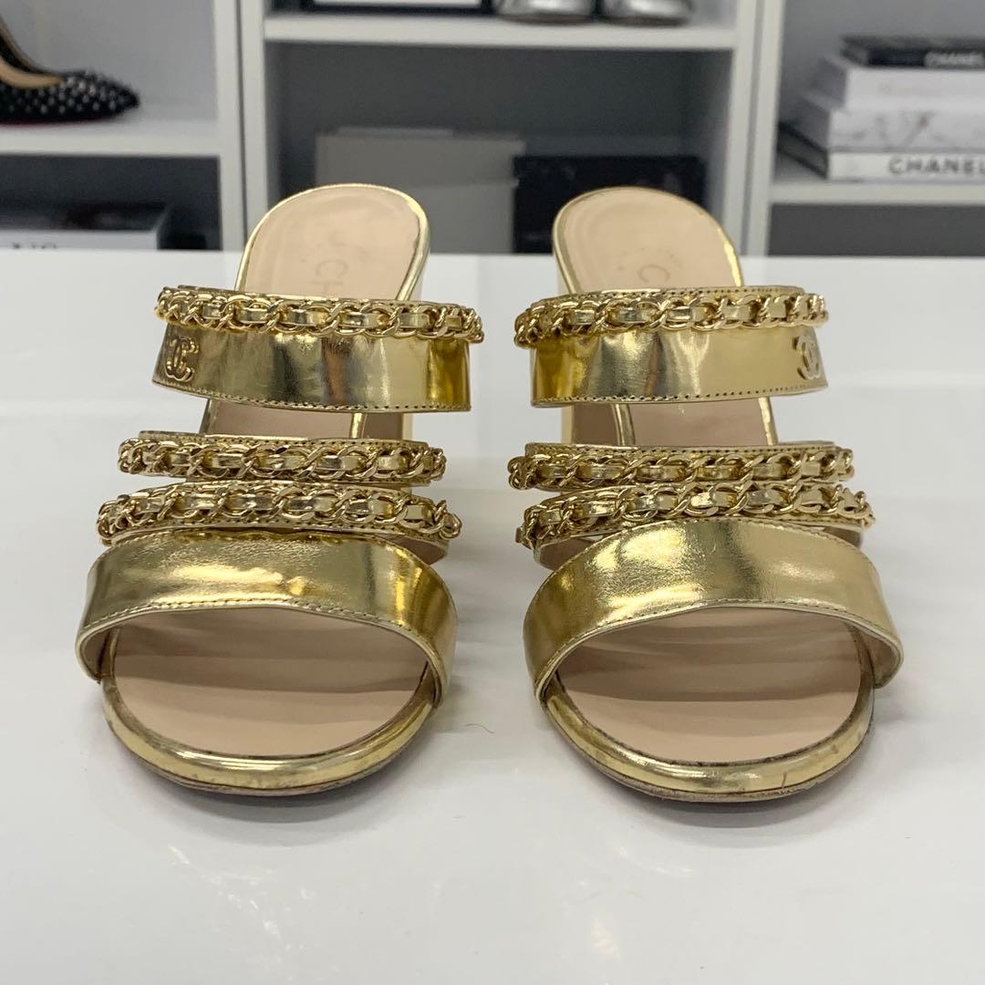 シャネル ココマーク レザー チェーン サンダル ゴールド