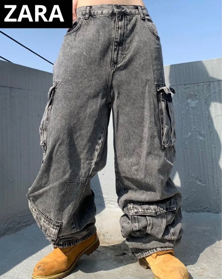 ZARA ユーティリティーマルチポケットカーゴパンツ 黒 ケミカルウォッシュ