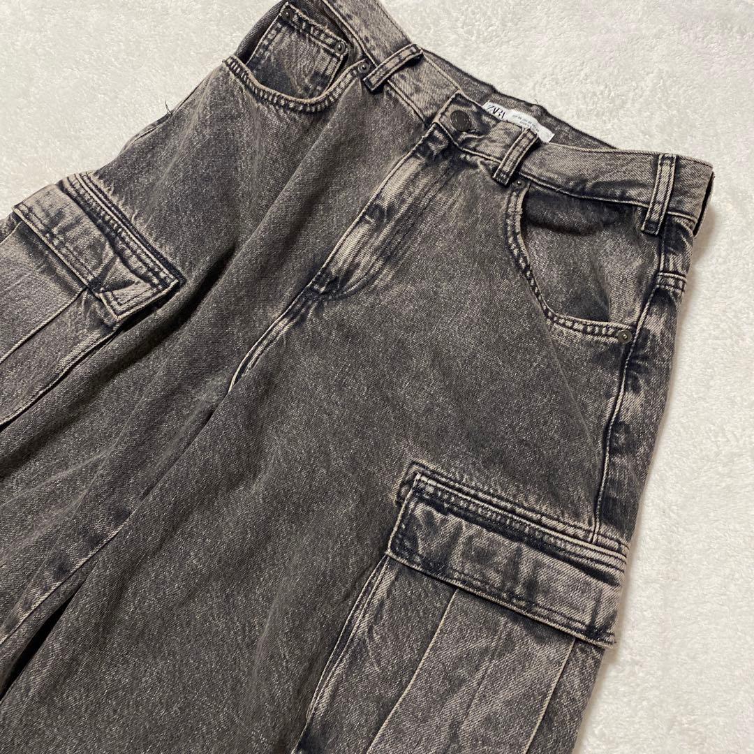 ZARA ユーティリティーマルチポケットカーゴパンツ 黒 ケミカルウォッシュ