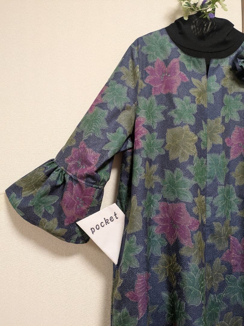 ♥お取り置き中♥着物リメイクワンピース★大島紬★Aライン★ブローチ付★ML〜LL