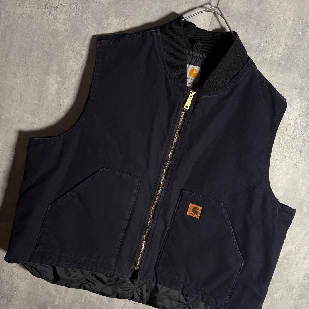 ⭐️希少⭐️カーハート ダック地ベスト 2XL 企業物 刺繍 ネイビー V01