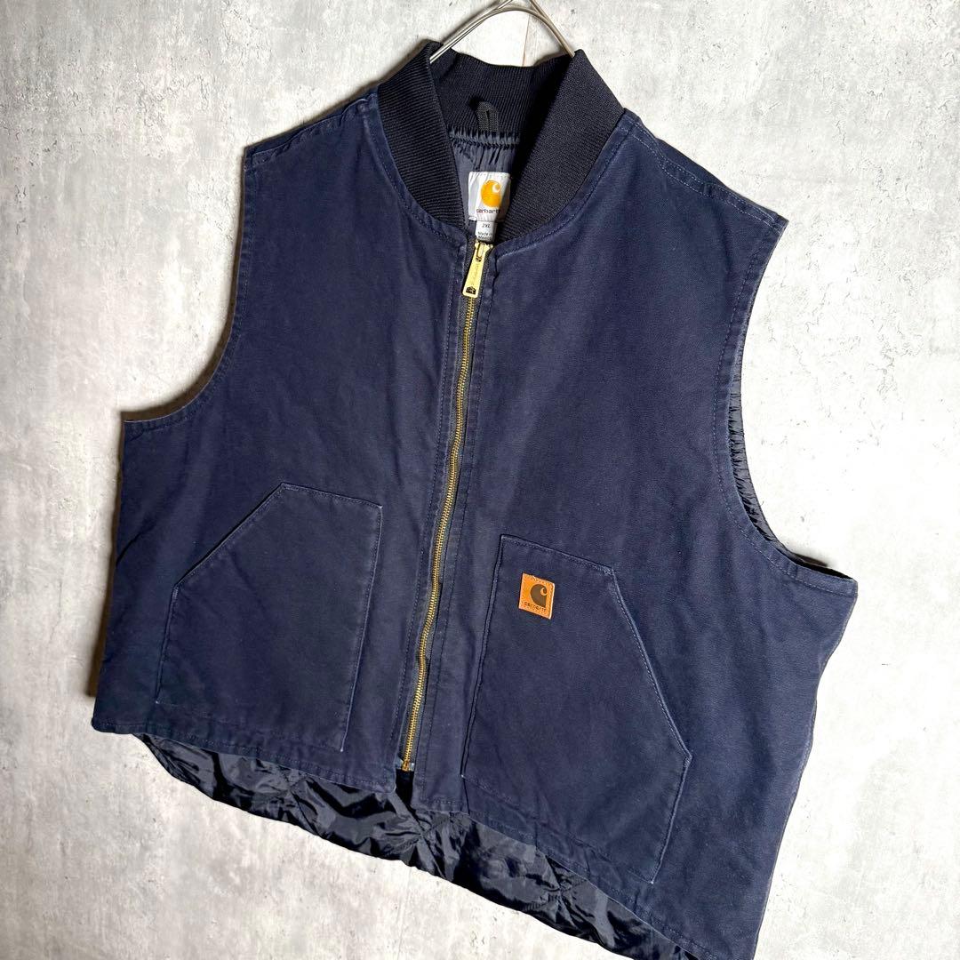 ⭐️希少⭐️カーハート ダック地ベスト 2XL 企業物 刺繍 ネイビー V01