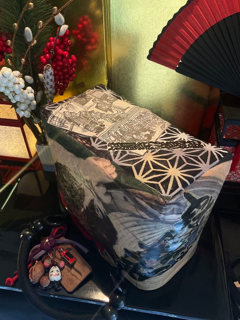 一閑張り　一閑張りバッグ　古文書　和紙　大正　着物　竹籠　小林清親　猫と提灯