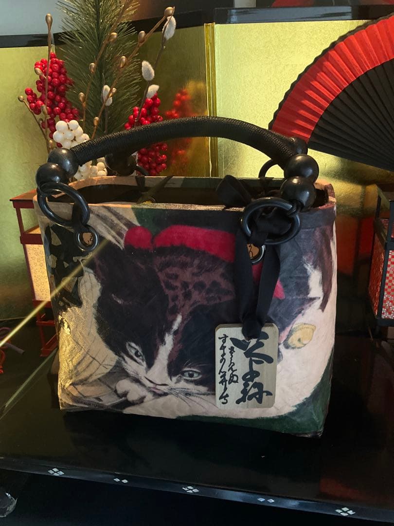 一閑張り　一閑張りバッグ　古文書　和紙　大正　着物　竹籠　小林清親　猫と提灯
