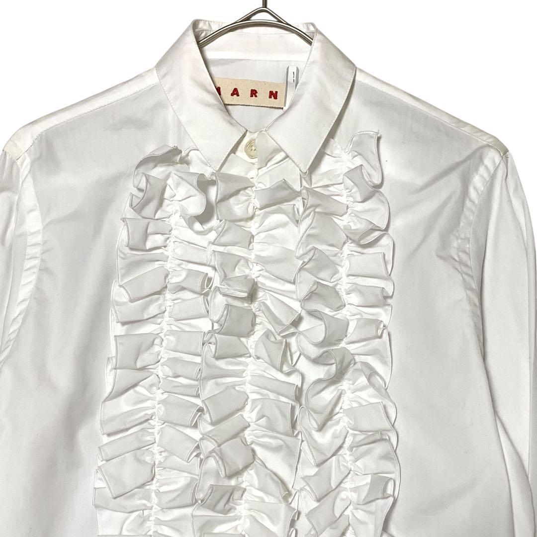 MARNI フリルブラウス シャツ ロゴ刺繍【38】2WAYカラー