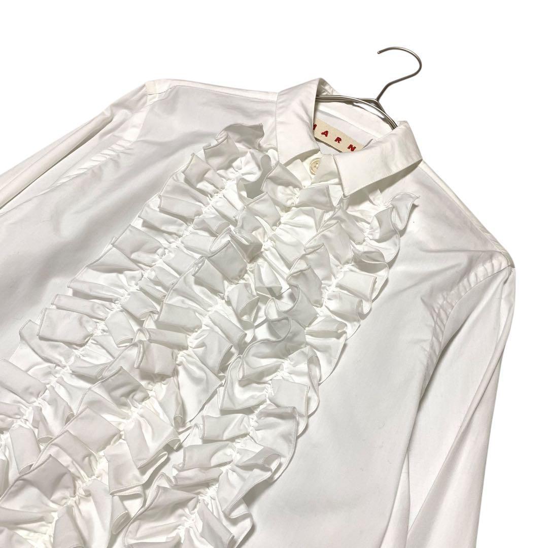 MARNI フリルブラウス シャツ ロゴ刺繍【38】2WAYカラー